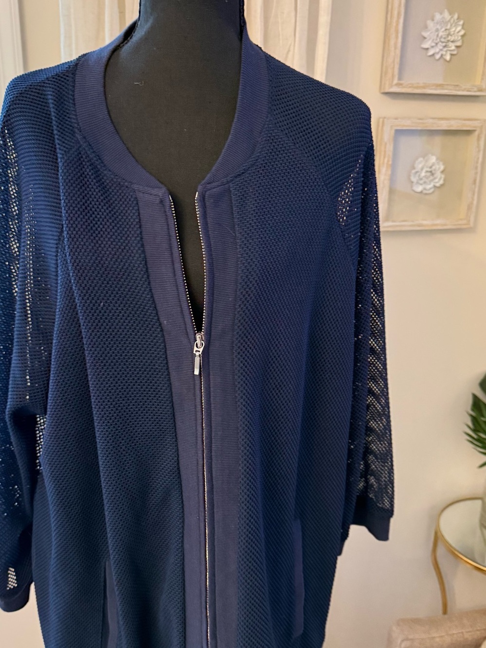 Chico's Zenergy Solid Mesh Jacket Blue Cardigan Mixed Fabric Size 3